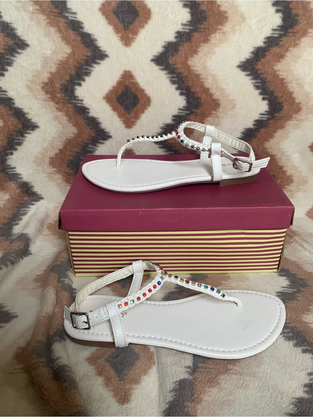 Bamboo Women’s White Rhinestone T-Strap Sandals – Size 7.5